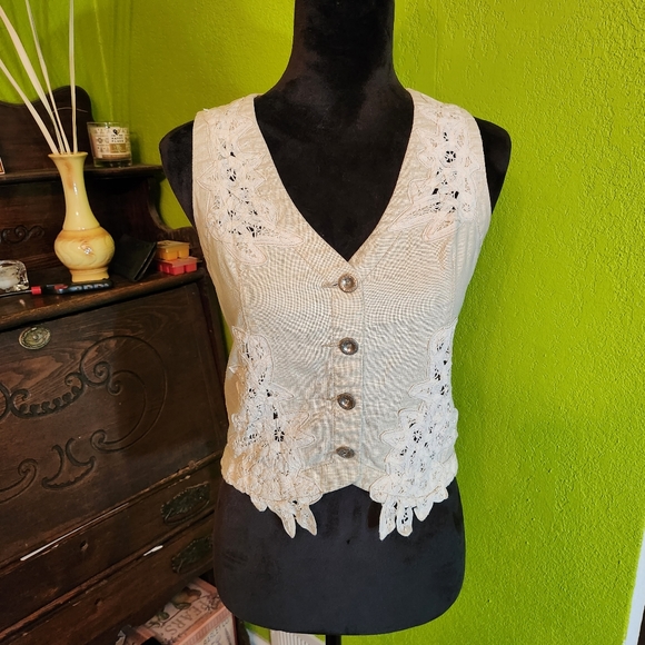 Murmur Jackets & Blazers - Murmur Linen Lace Vest Size Small Bow Tie Detail Cream Color